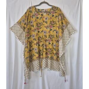 Anokhi Yellow Floral Hand Block Print Cotton Drawstring Kaftan Top Free One Size